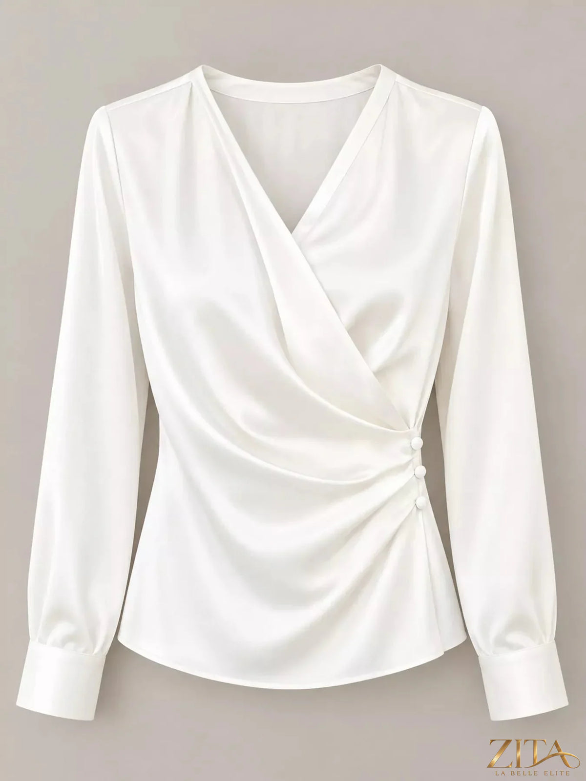 Zita La Belle Elite satin surplice long sleeve blouse with V-neck and elegant draping, shown in a smooth, shiny fabric.