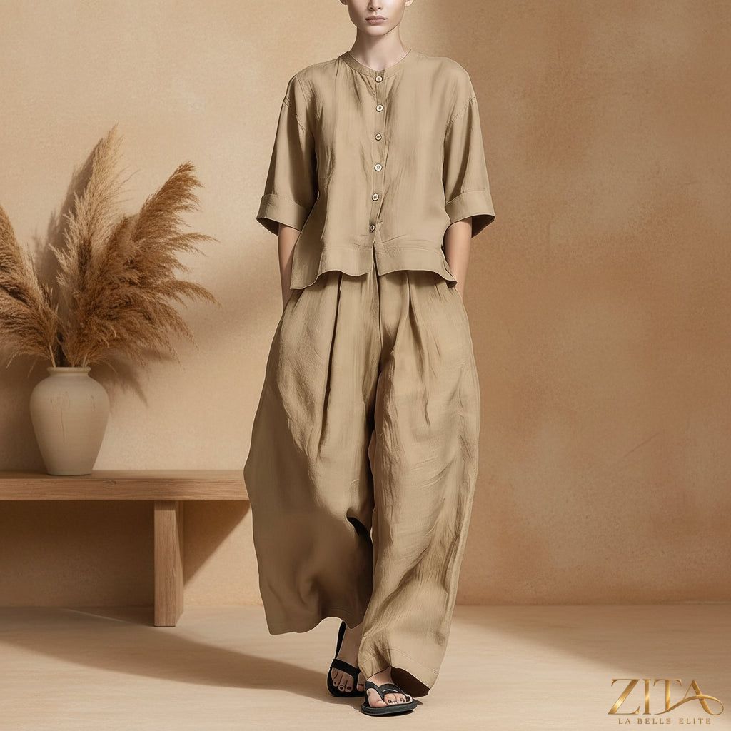 Zita La Belle Elite three-quarter sleeve shirt and loose trousers two-piece set, casual chic outfit with comfortable fit.
