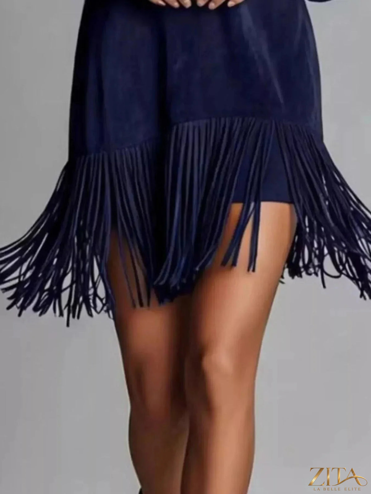 Trendsi fringed lantern sleeve dress with flowy fabric and detailed fringe accents, perfect for stylish occasions.