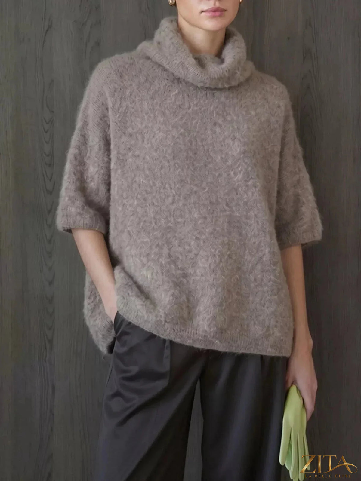 Zita La Belle Elite fuzzy short sleeve turtleneck sweater in soft, cozy fabric, displayed on a mannequin.