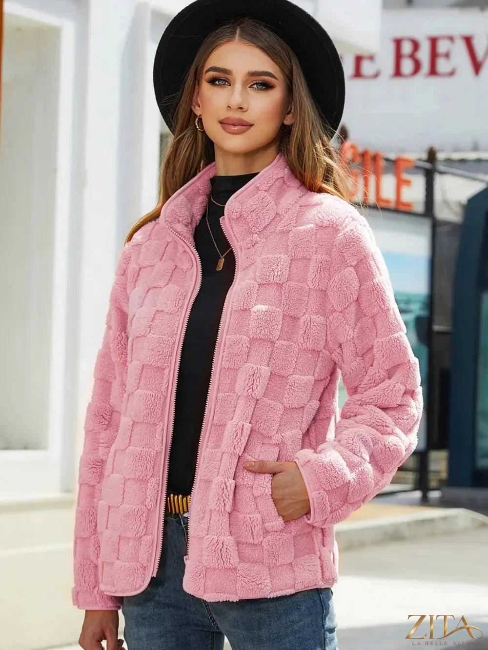 Fuzzy checkered zip-up jacket by Zita La Belle Elite featuring a cozy, stylish design with a front zipper and checkered pattern.