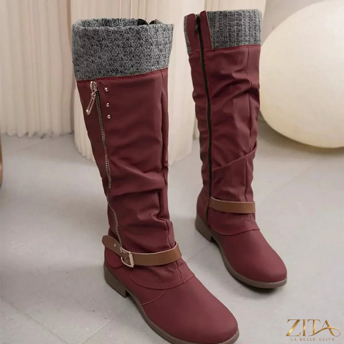 Zita La Belle Elite knee-high slouch boots with knit cuff, showcasing soft suede material and relaxed slouch design.