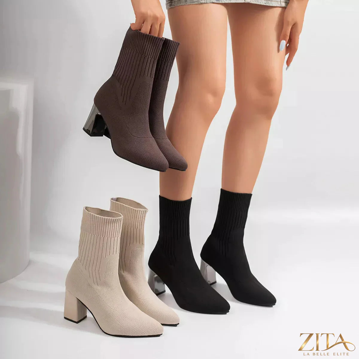 Zita La Belle Elite stretchy knit sock boots with block heels, featuring a snug fit and stylish design in the image.