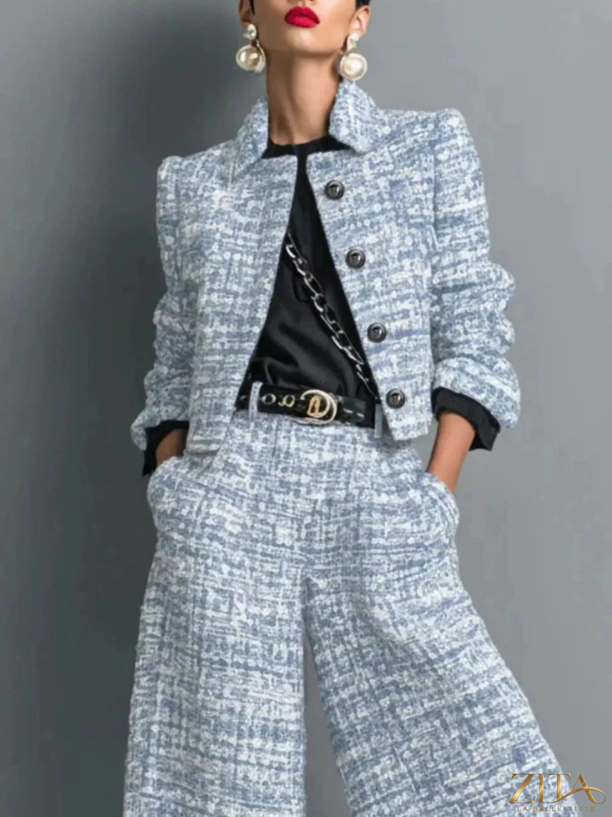 Zita La Belle Elite tweed cropped jacket and wide-leg pants two-piece set, showing the textured fabric and stylish fit.