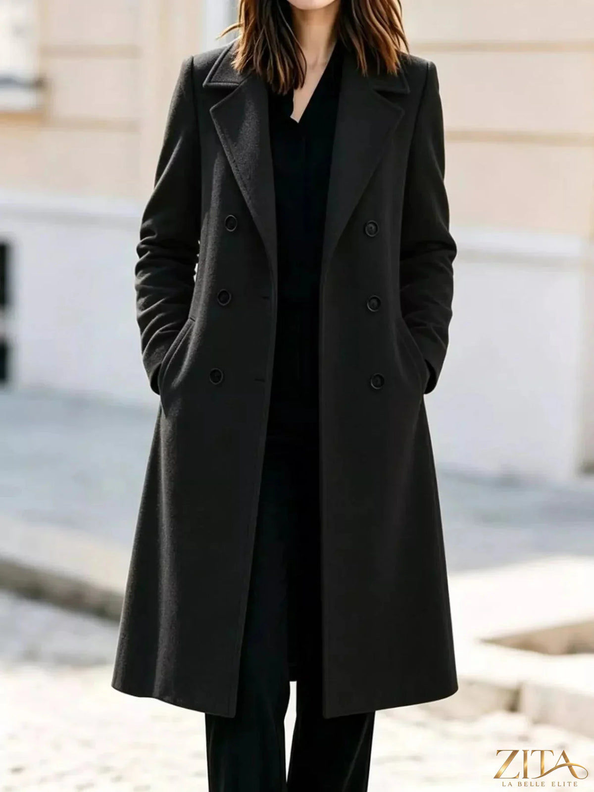 Zita La Belle Elite double-breasted coat with lapel collar, stylish winter outerwear, in a classic design with button details.