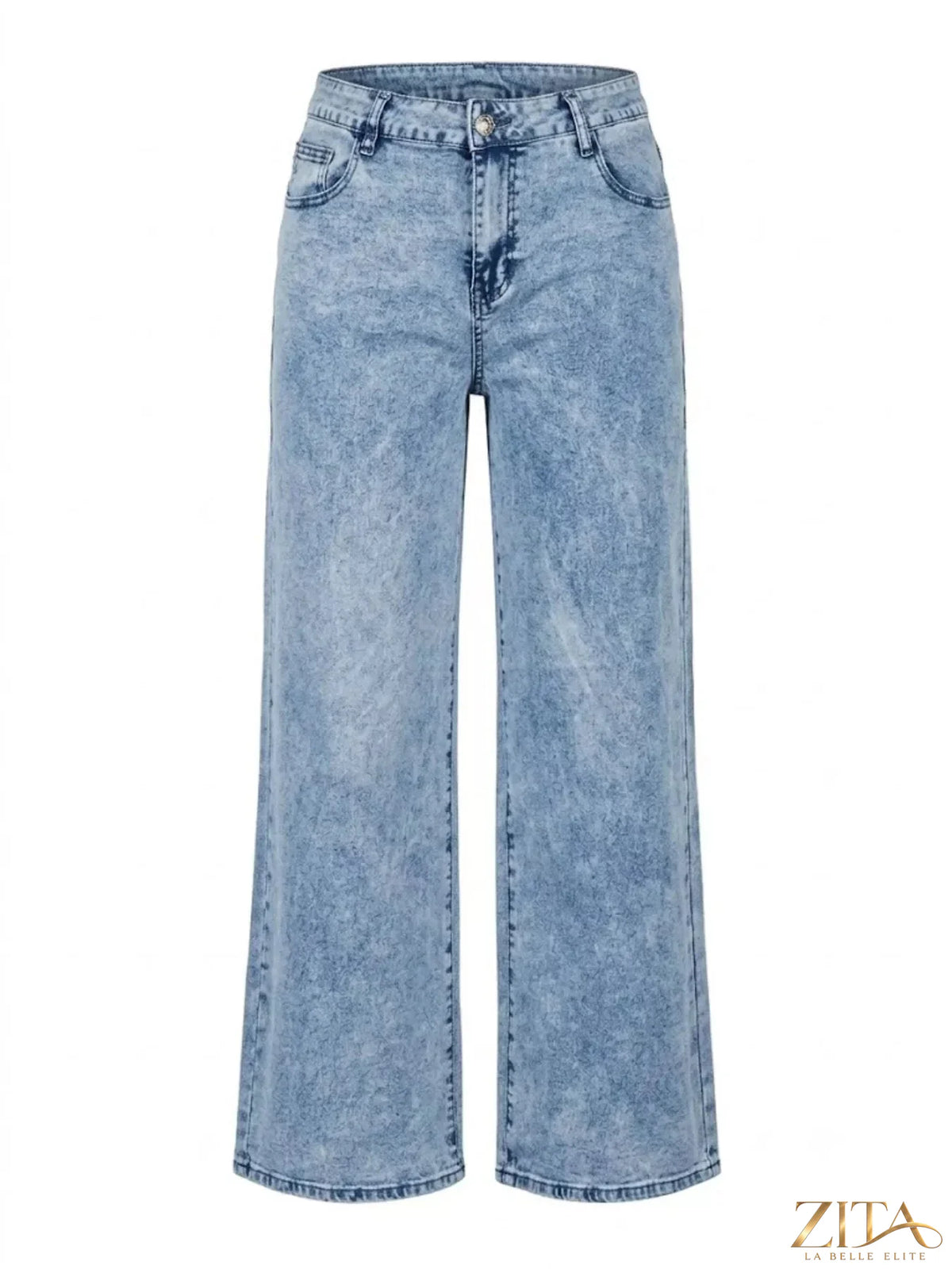 Washed wide leg jeans by Zita La Belle Elite with embroidered bow detail, showcasing relaxed fit and stylish design.
