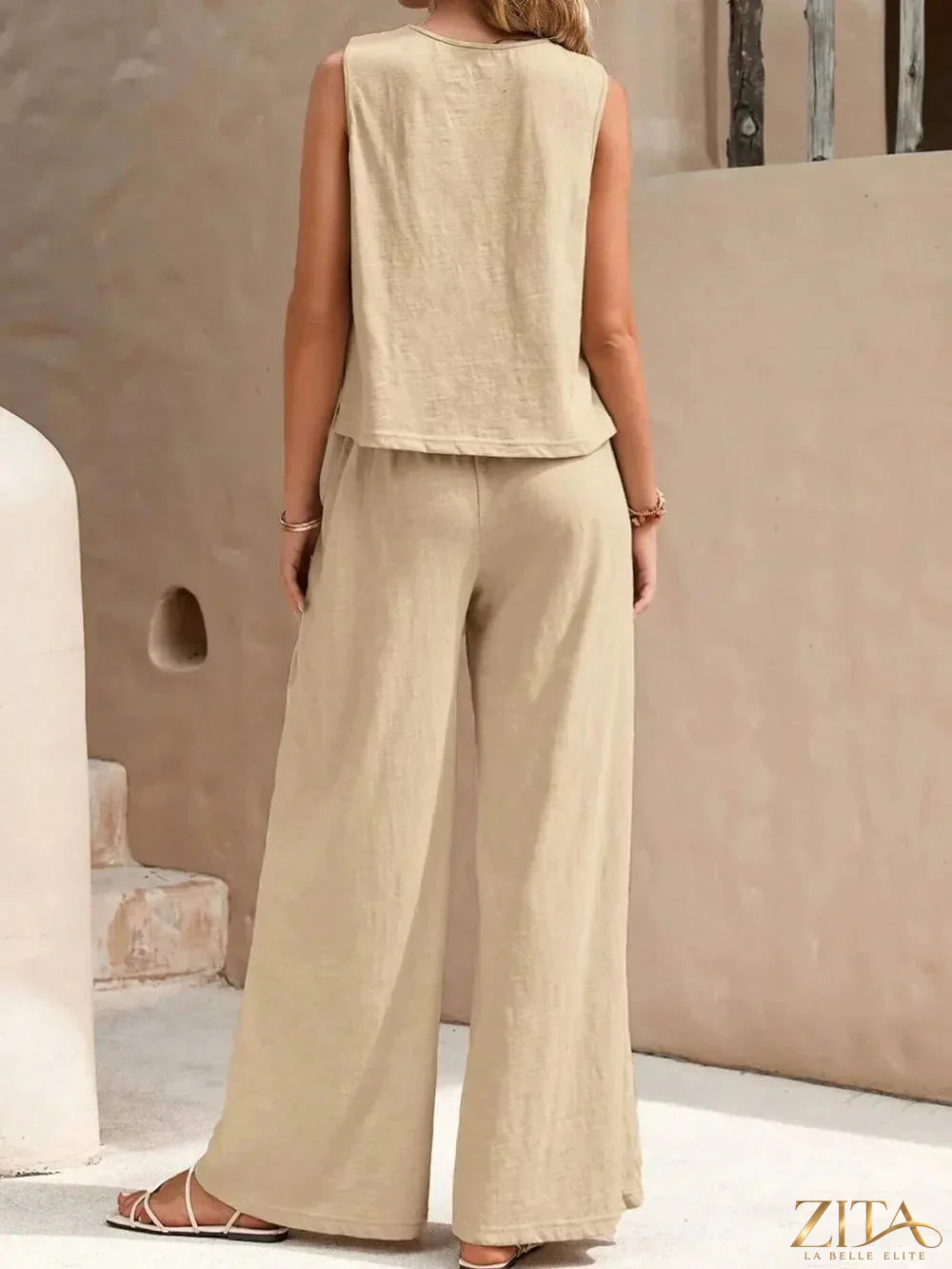 Zita La Belle Elite round neck sleeveless top and wide-leg pants set, stylish and comfortable outfit, front view on white background.