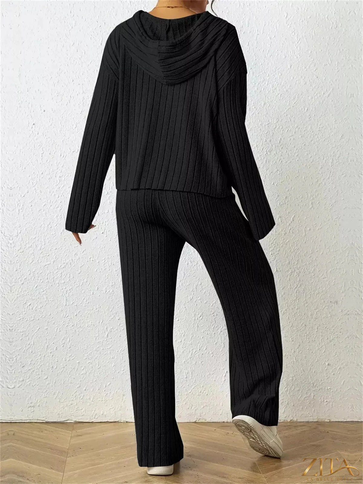 Zita La Belle Elite ribbed drawstring hoodie and matching pants set in soft fabric, shown on a model with a casual pose