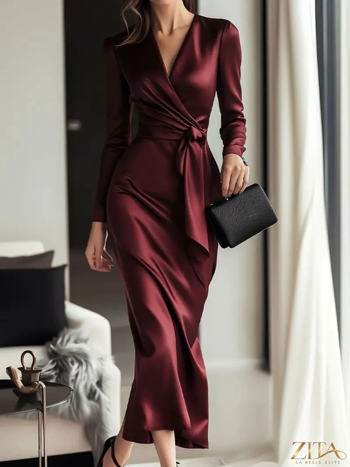 Satin tie waist long sleeve dress by Trendsi featuring a sleek, shiny fabric, V-neckline, and elegant silhouette.