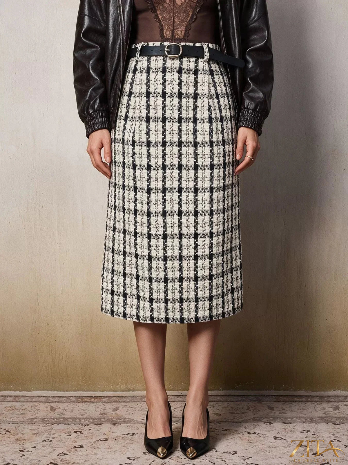 Zita La Belle Elite high-waisted tweed plaid midi skirt with a classic pattern and tailored fit, shown on a model.