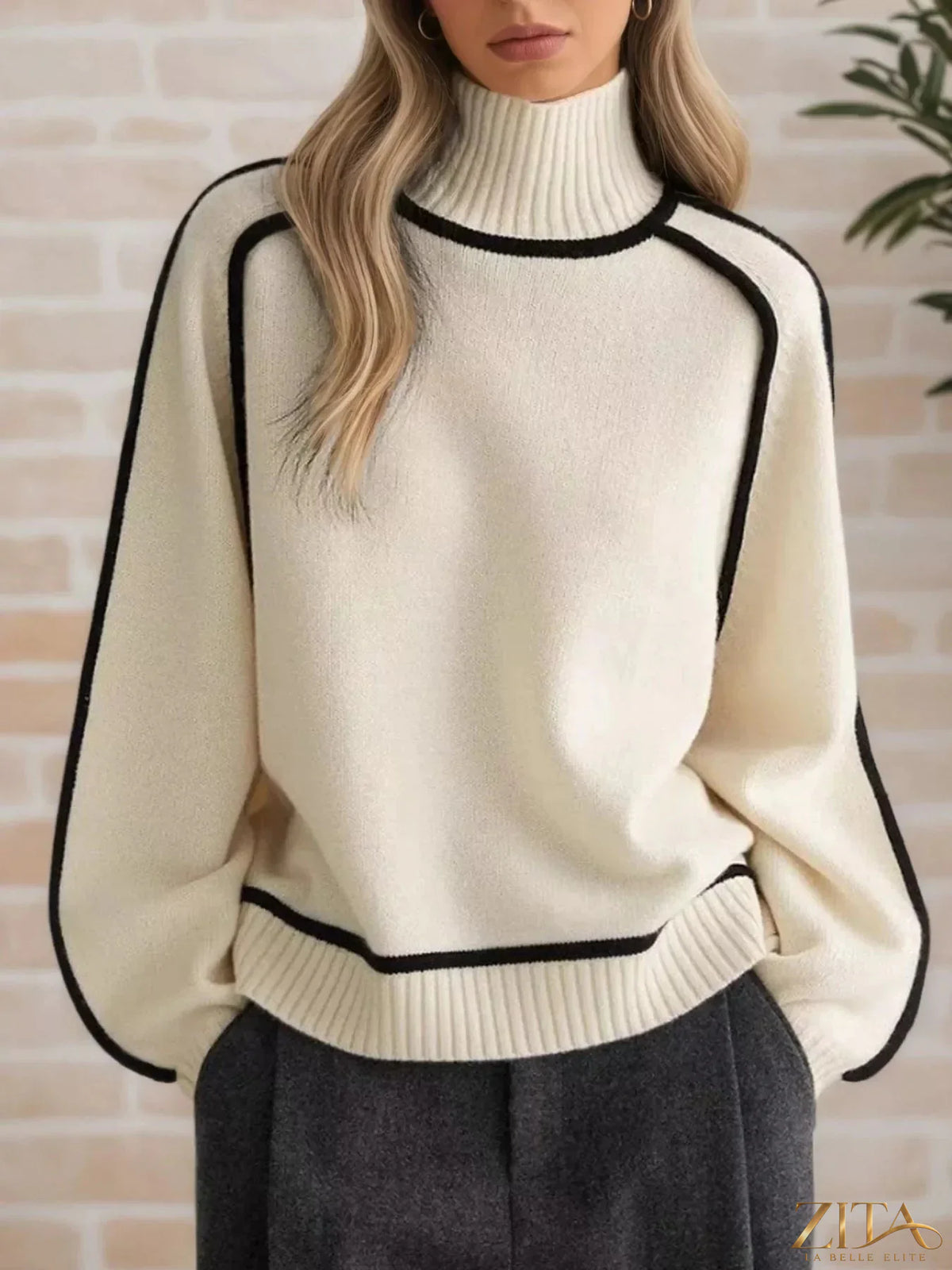 Zita La Belle Elite contrast trim turtleneck sweater in soft knit fabric, featuring a high neckline and stylish color accents.