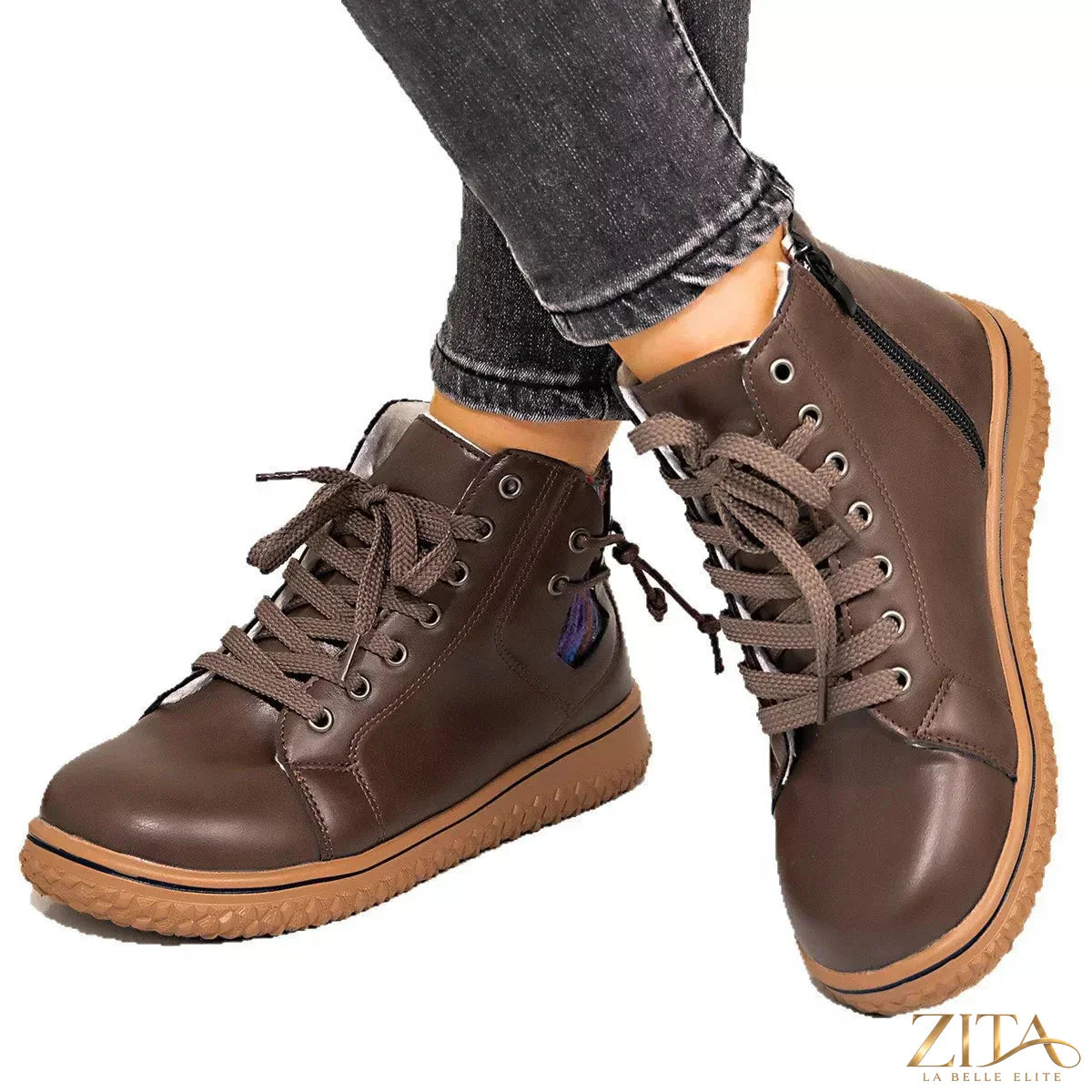 Zita La Belle Elite lace-up ankle boots with zipper detail, featuring stylish leather design and sturdy heel.