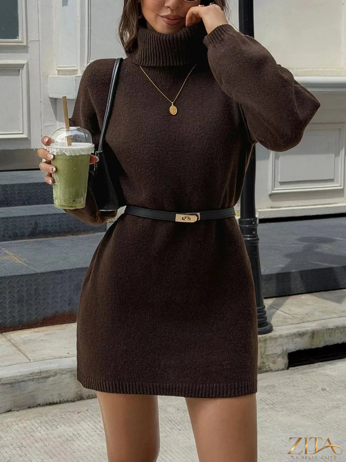 Zita La Belle Elite turtleneck long sleeve sweater dress in a classic knit design