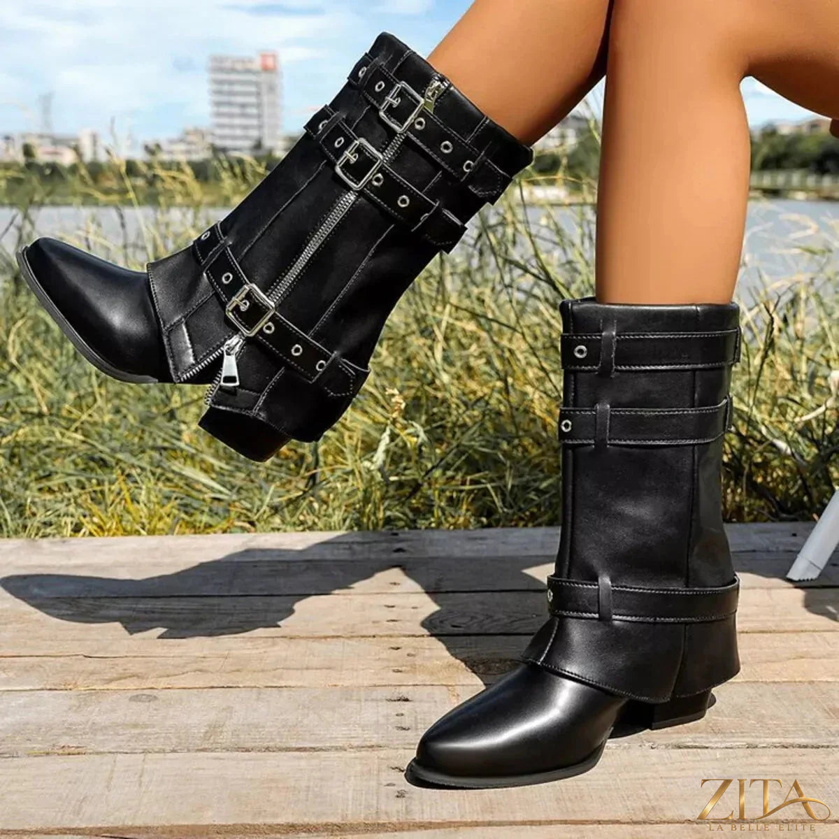 Zita La Belle Elite point toe block heel boots with sleek black leather and stylish ankle design.