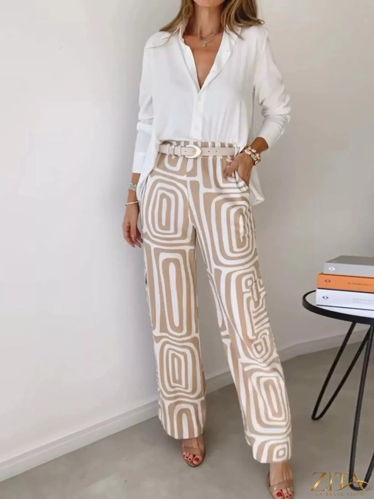 Plus size Zita La Belle Elite button-down shirt and geometric wide-leg pants set, featuring a stylish coordinated outfit.