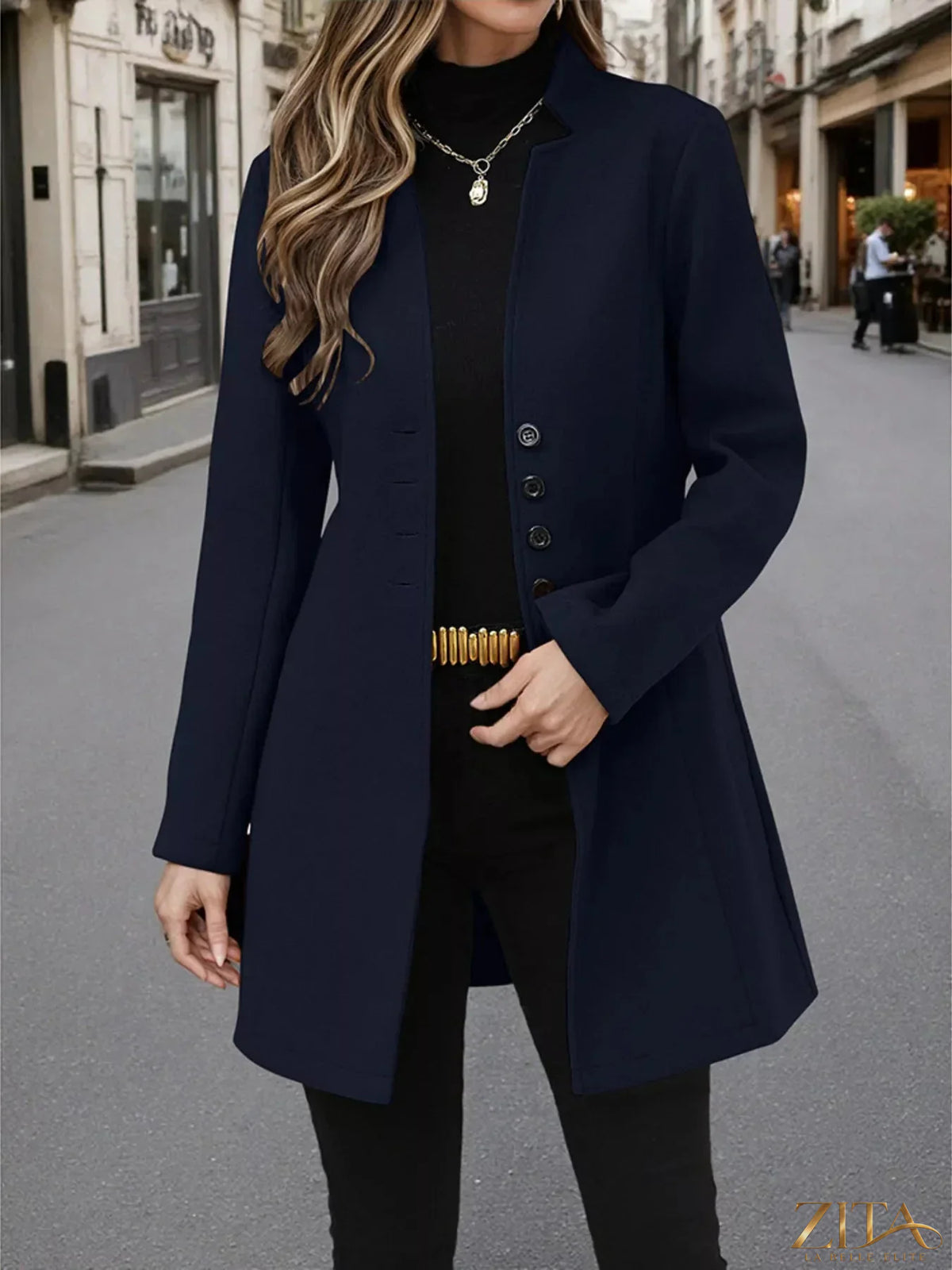 Zita La Belle Elite button-up long sleeve coat with a tailored fit, featuring a classic collar and sleek design.
