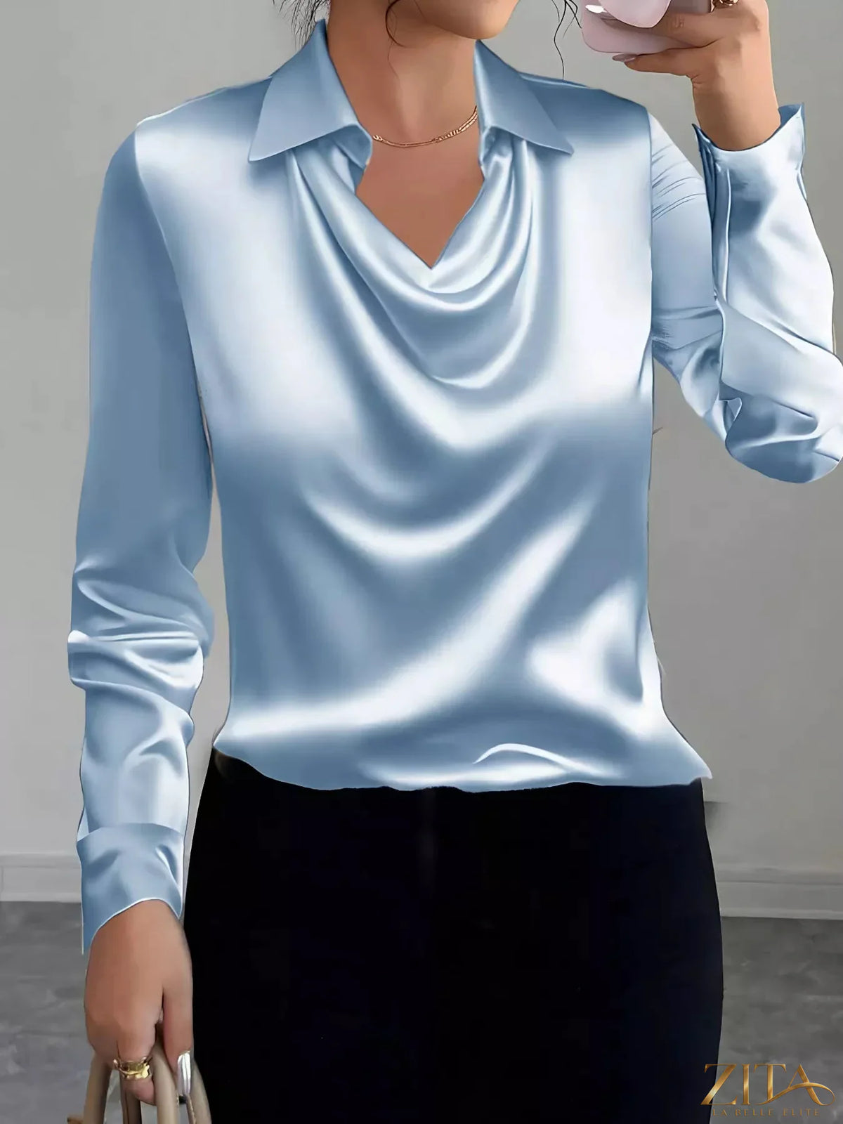 Zita La Belle Elite satin long sleeve blouse with a collared neck, showcasing a smooth, shiny fabric and tailored fit.