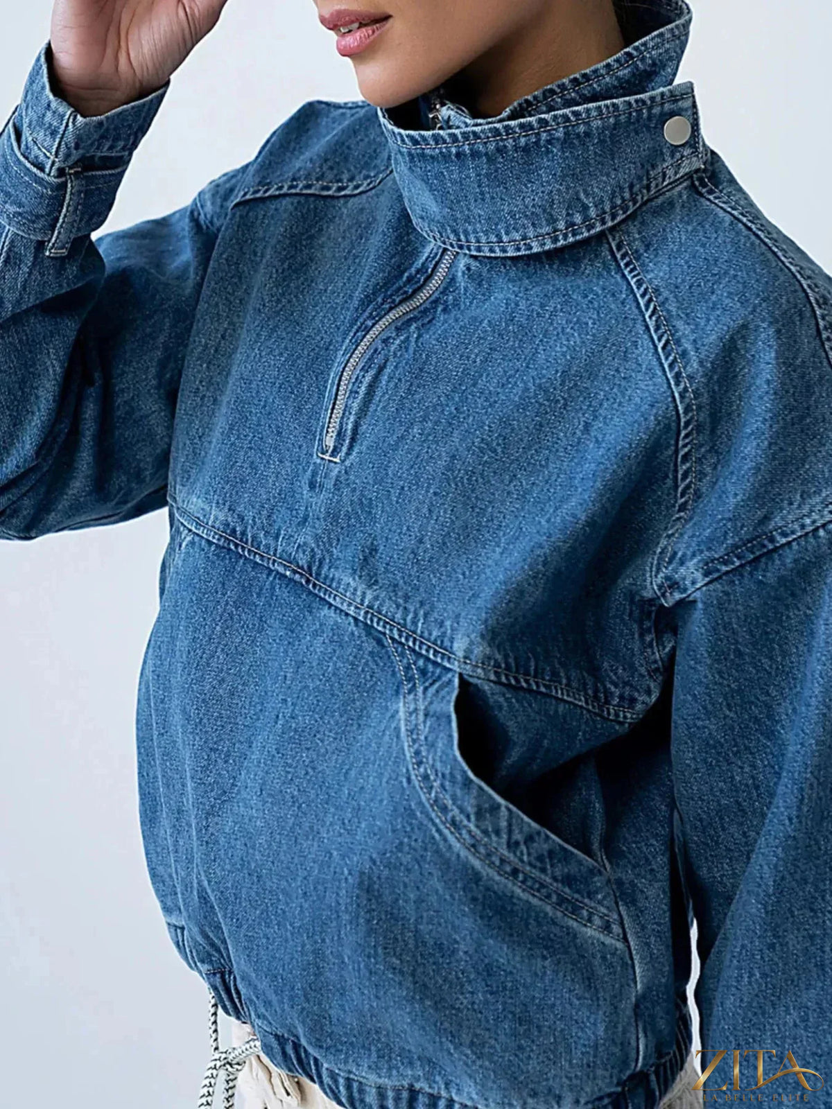 Zita La Belle Elite half-zip turtleneck denim top with collar and long sleeves, casual and stylish for everyday wear