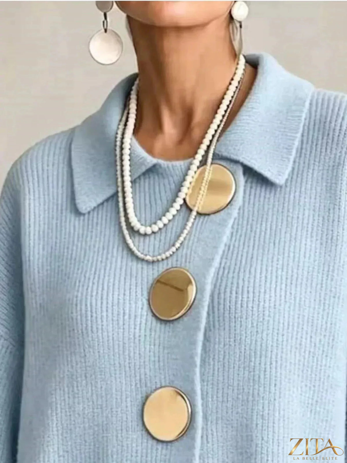 Plus size ribbed knit cardigan by Zita La Belle Elite with gold buttons, featuring a full size fit and cozy textured design.