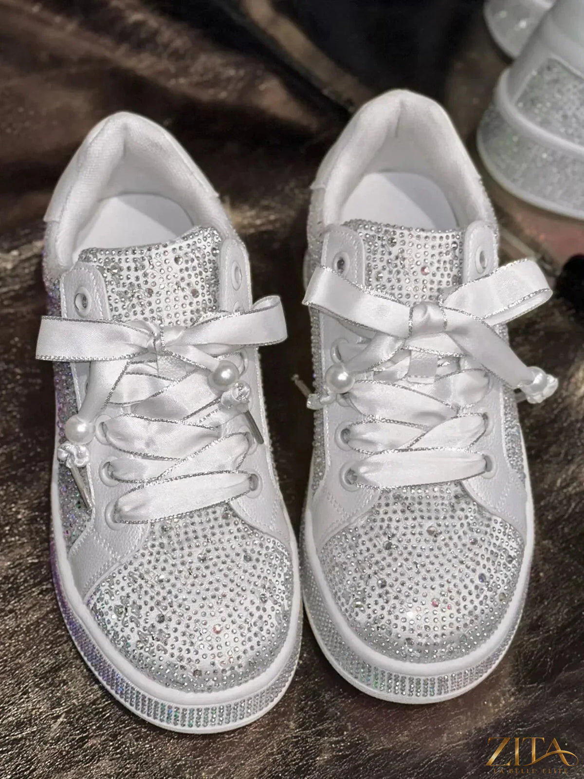 Zita La Belle Elite round toe sneakers with rhinestone embellishments, stylish footwear with a sleek design and sparkling accents.