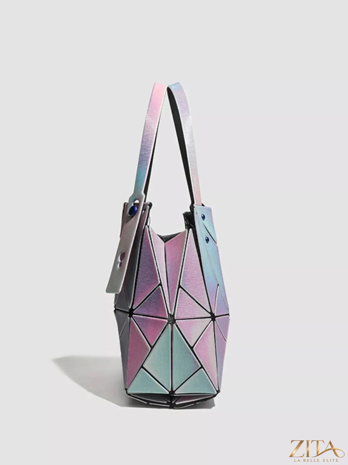 Iridescent geometric shoulder bag by Zita La Belle Elite with shimmering surface and structured design, perfect for stylish accessories.