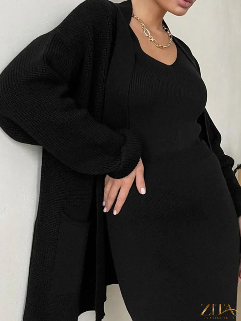 Zita La Belle Elite pocketed long sleeve cardigan and matching skirt sweater set, soft knit fabric, stylish and comfortable.