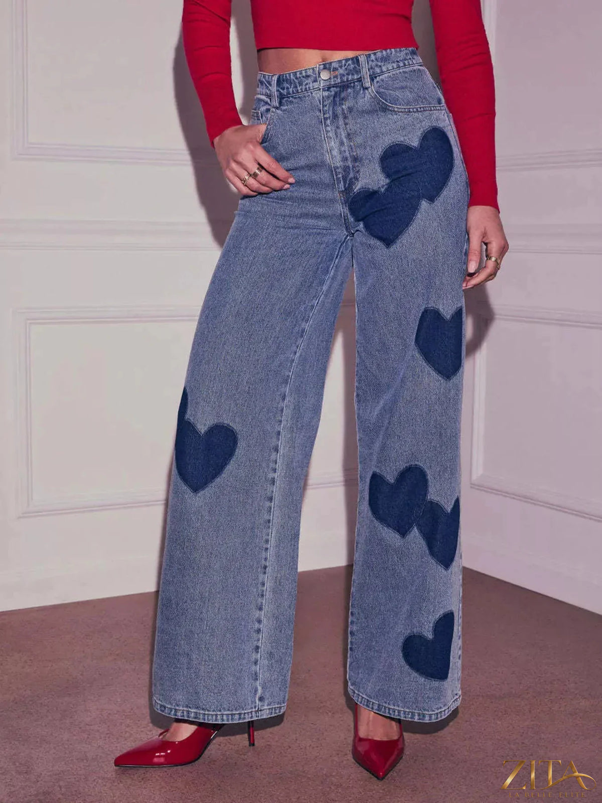 Zita La Belle Elite heart high waist wide-leg jeans showing a stylish denim pair with a high waist and wide leg silhouette.
