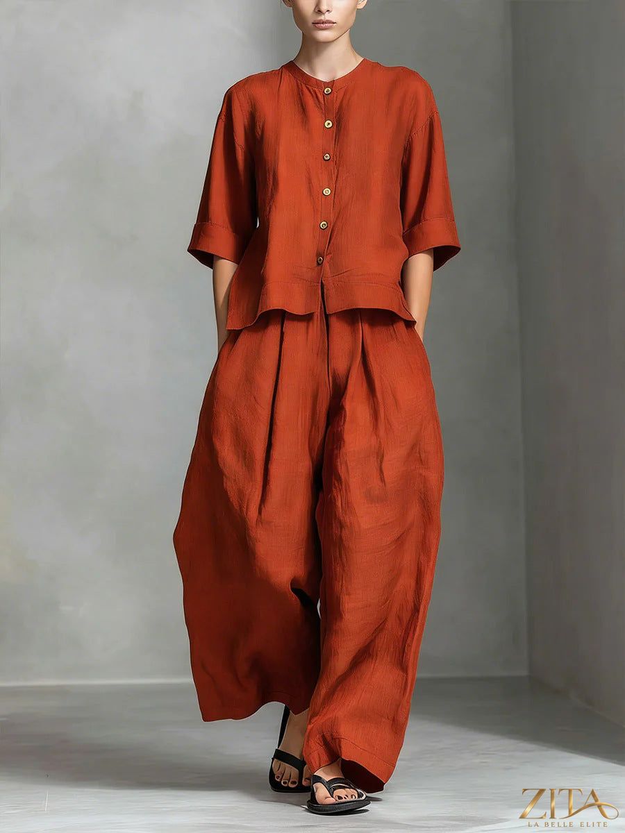 Zita La Belle Elite three-quarter sleeve shirt and loose trousers two-piece set, featuring a stylish casual outfit.