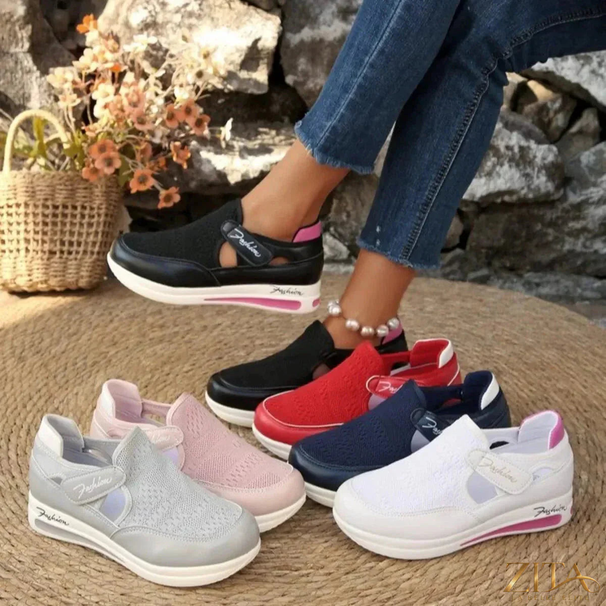 Zita La Belle Elite breathable mesh wedge sneakers with stylish design and comfortable fit, shown from front angle.