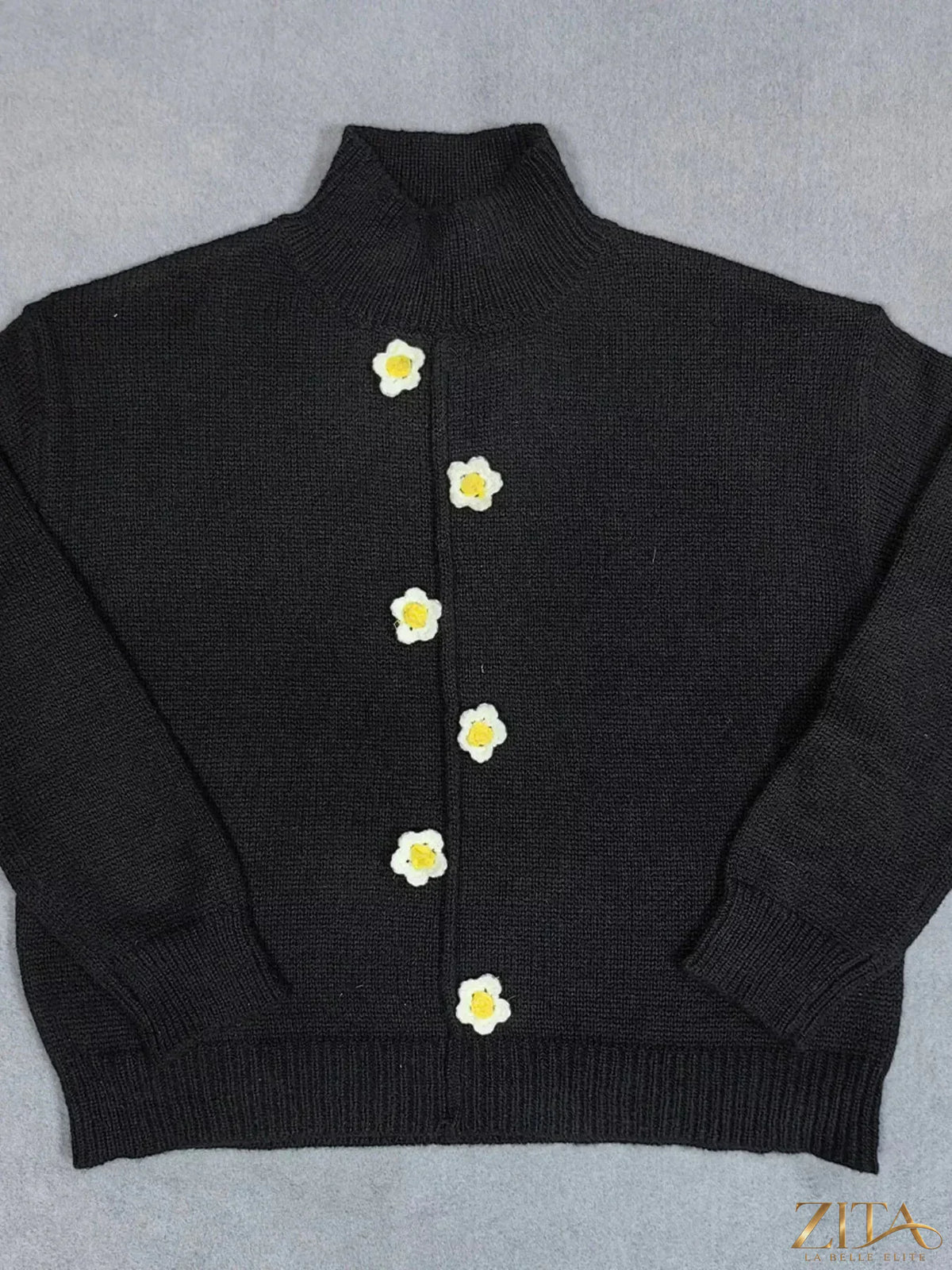 Zita La Belle Elite floral applique turtleneck sweater in soft knit with colorful floral embroidery on the front.