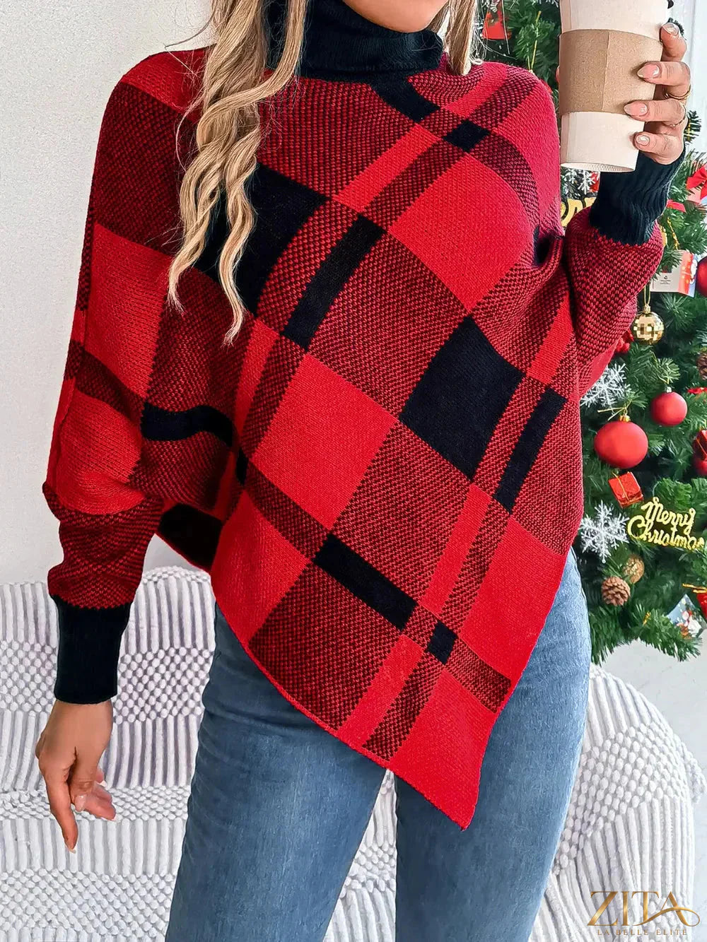 Plaid turtleneck batwing sleeve sweater by Trendsi, featuring a cozy design with a classic plaid pattern and relaxed fit.