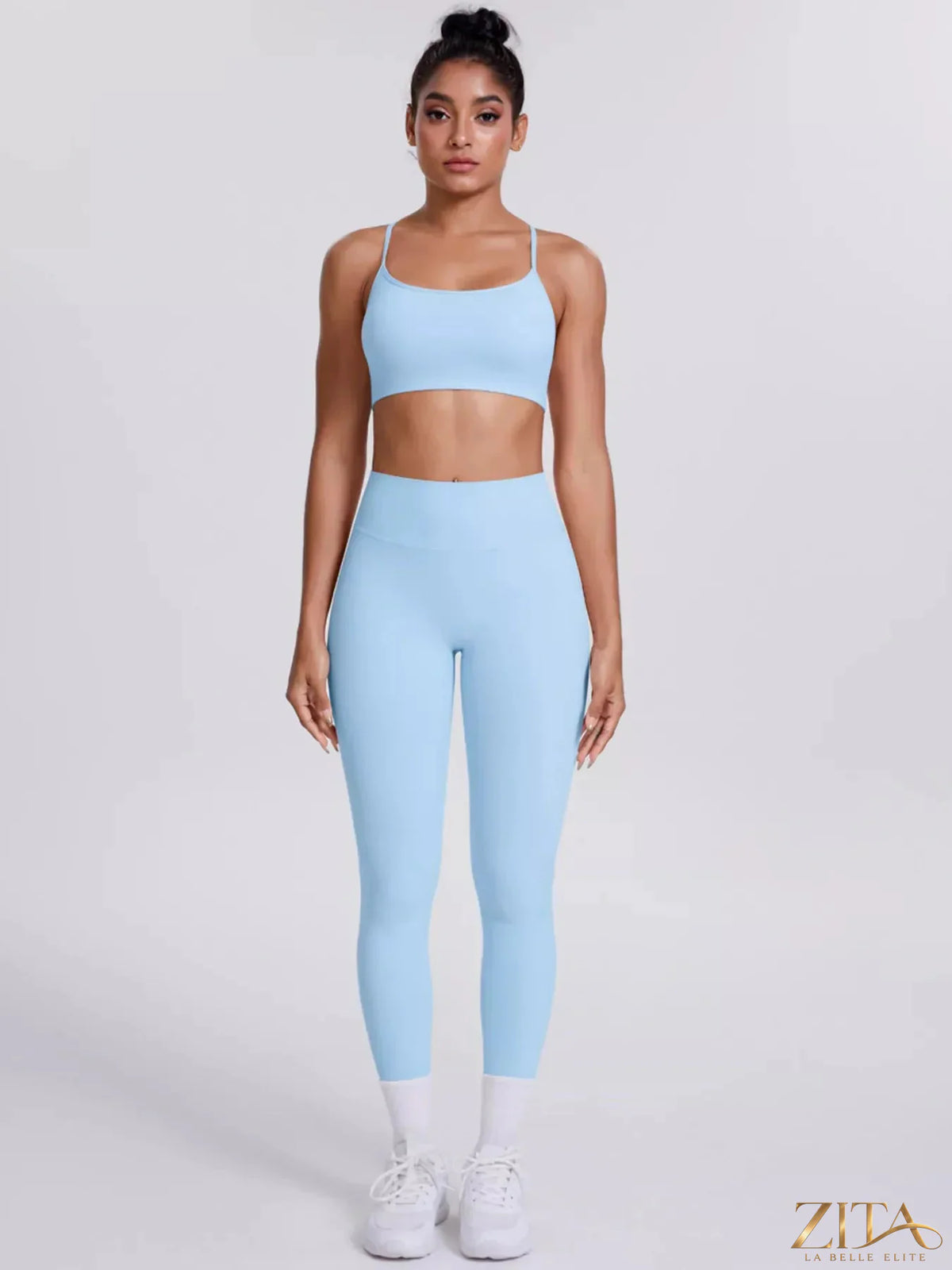 Zita La Belle Elite criss-cross back cami and matching black leggings active set on a model, designed for workout and active wear.