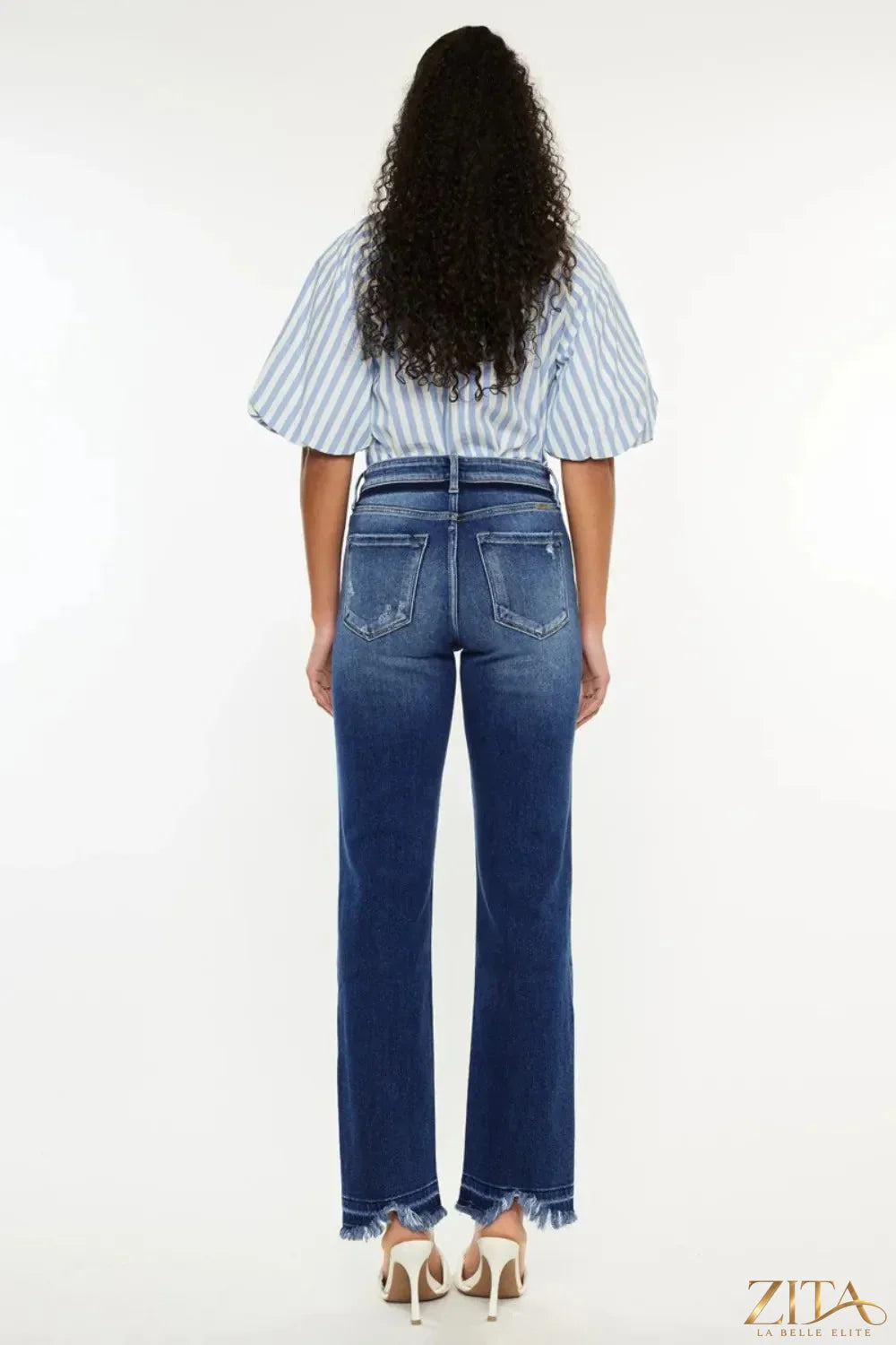 Zita La Belle Elite Kancan high-rise distressed slim straight jeans, showing front view with rips and classic five-pocket design.