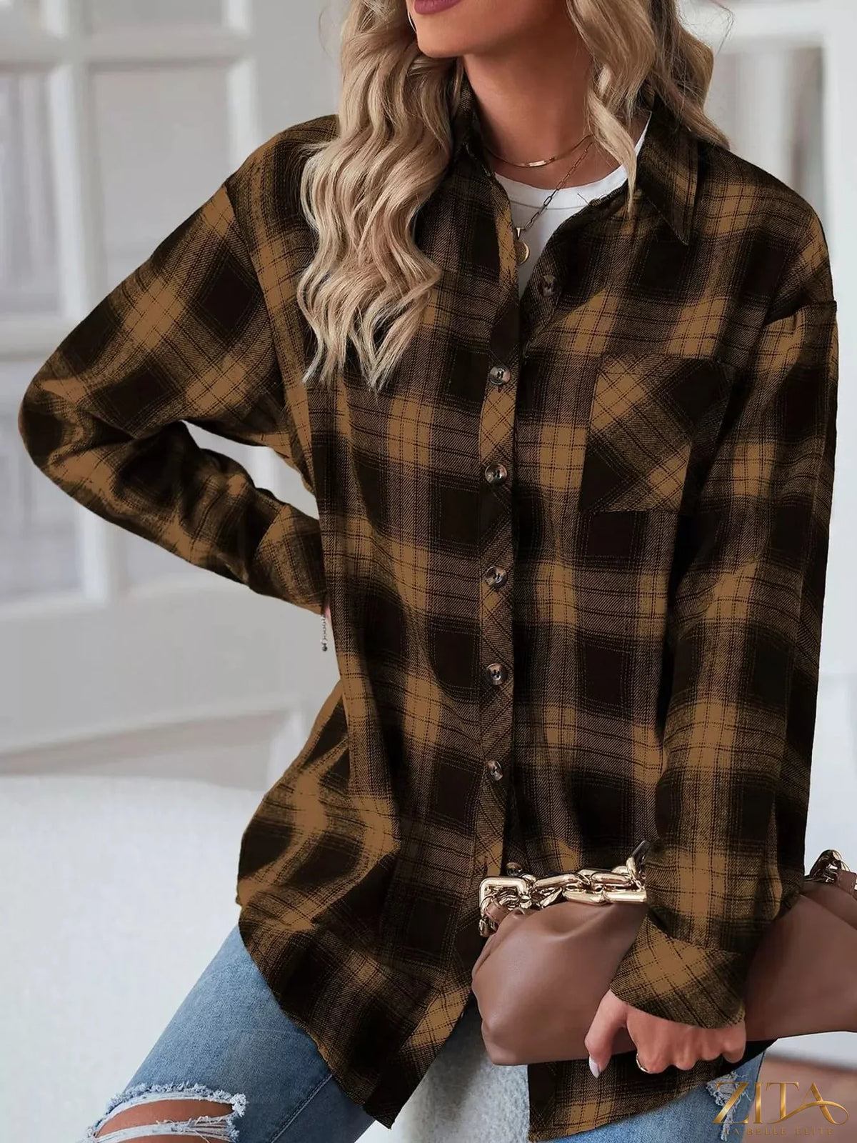 Zita La Belle Elite plaid button-down oversized shirt with a relaxed fit, featuring a classic checkered pattern and collar design.