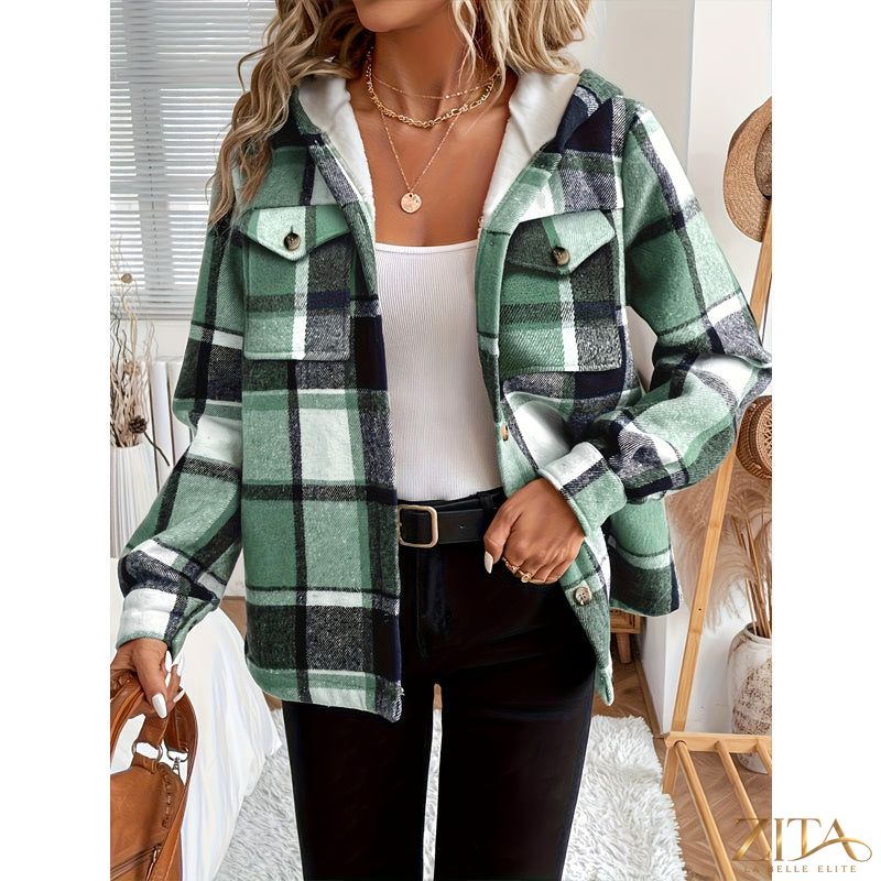 Women’s plaid fleece-lined hooded jacket by Zita La Belle Elite, featuring a stylish plaid pattern and cozy fleece interior.