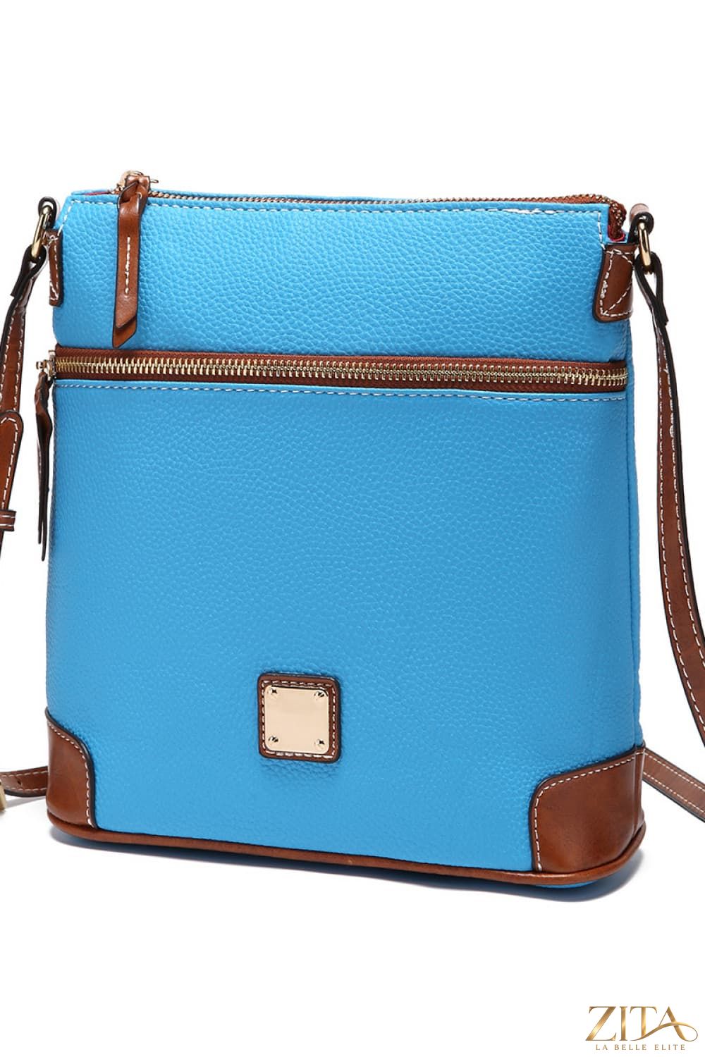 Zita La Belle Elite PU leather crossbody bag with adjustable strap and sleek design, shown in black with gold accents.