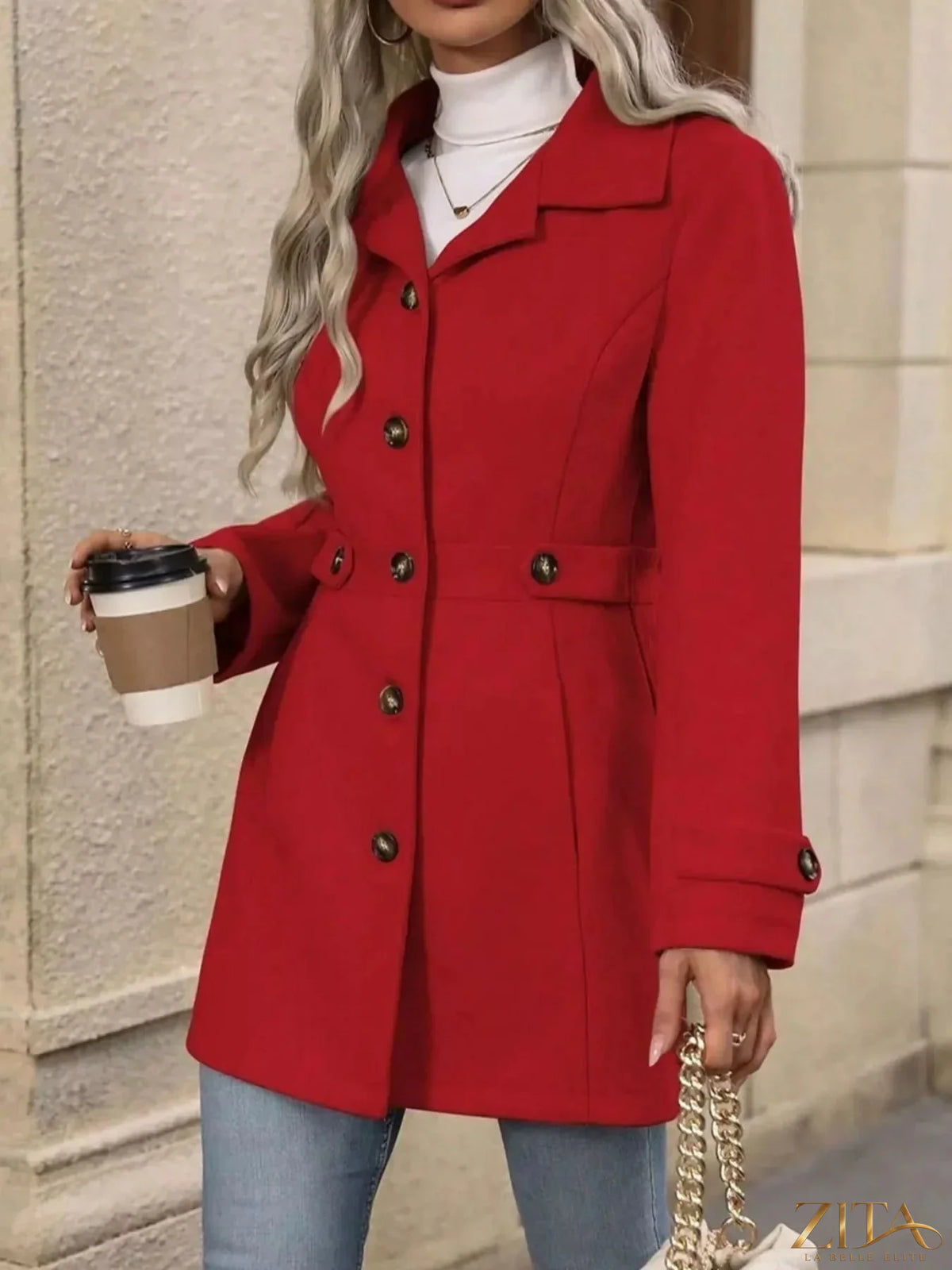 Zita La Belle Elite button-up long sleeve coat with tailored fit and classic design, shown in the image.