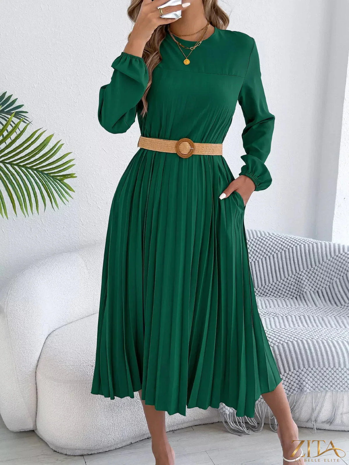 Zita La Belle Elite pleated A-line midi dress with a fitted waist and flowing skirt, stylish and elegant for various occasions.
