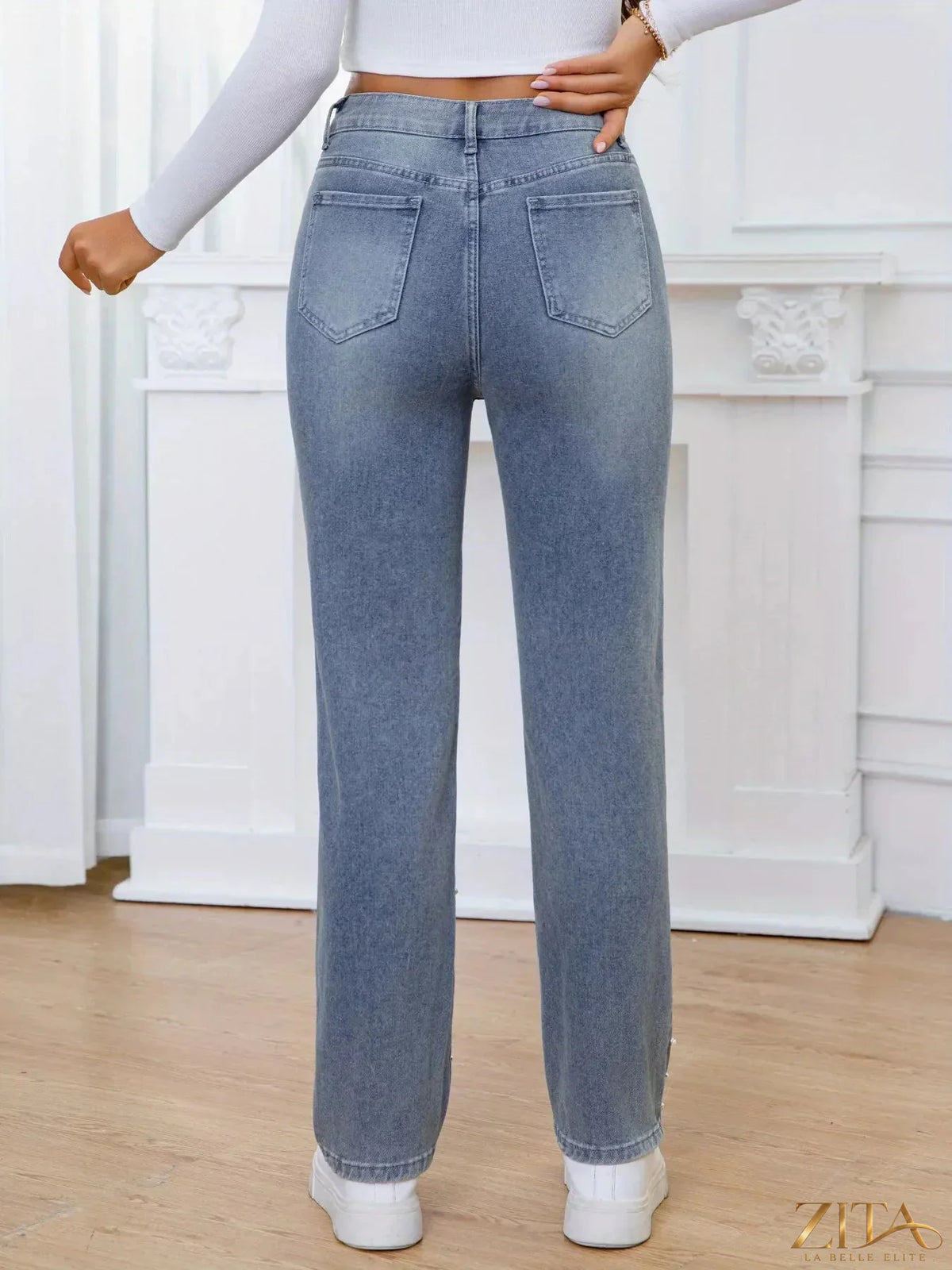 Pearl-embellished high waist straight jeans by Zita La Belle Elite, featuring a classic denim design with decorative pearl details.