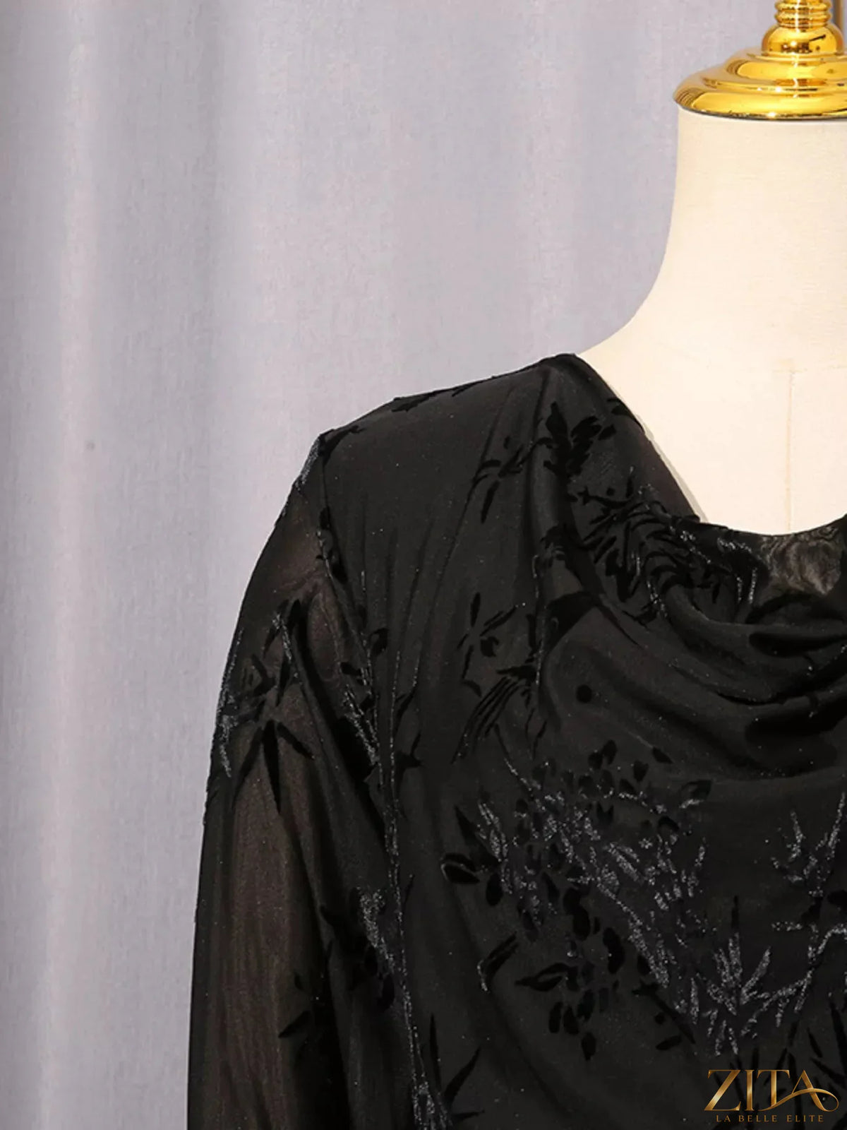 Ruched long sleeve mini dress by Trendsi shown in black with fitted silhouette and soft fabric, perfect for stylish evening wear.