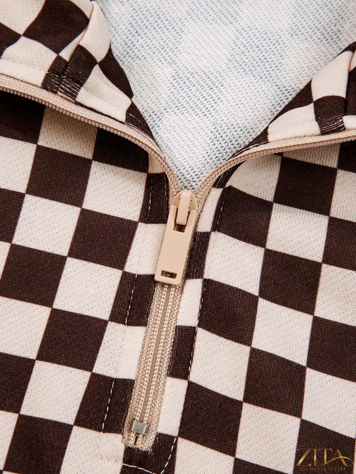 Checkered Zita La Belle Elite hoodie and pants set with drawstrings, featuring a stylish casual loungewear look.