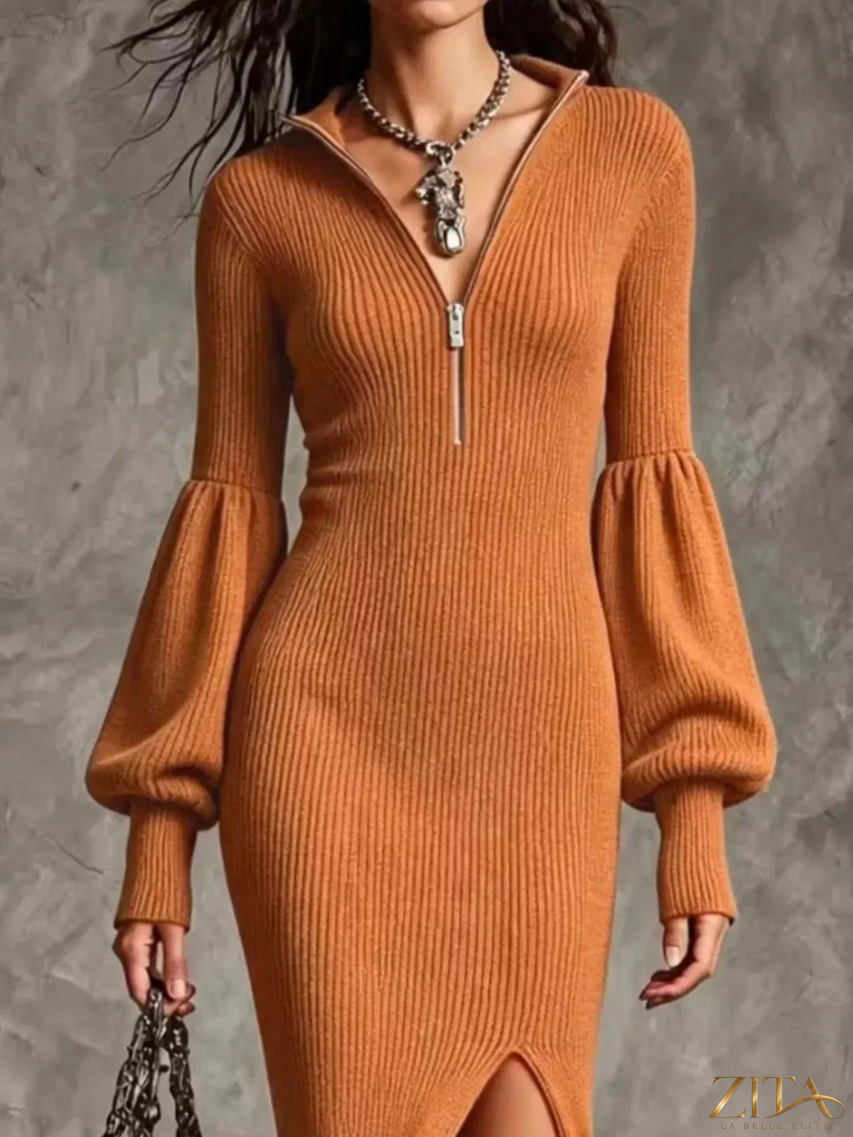 Zita La Belle Elite ribbed knit quarter-zip lantern sleeve sweater dress, showcasing its textured fabric and stylish design.
