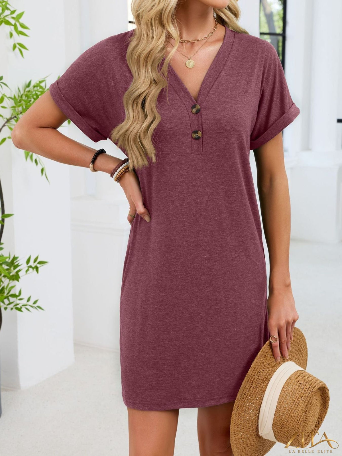 Zita La Belle Elite casual V-neck short sleeve T-shirt dress in soft fabric, shown on a model with a relaxed fit.