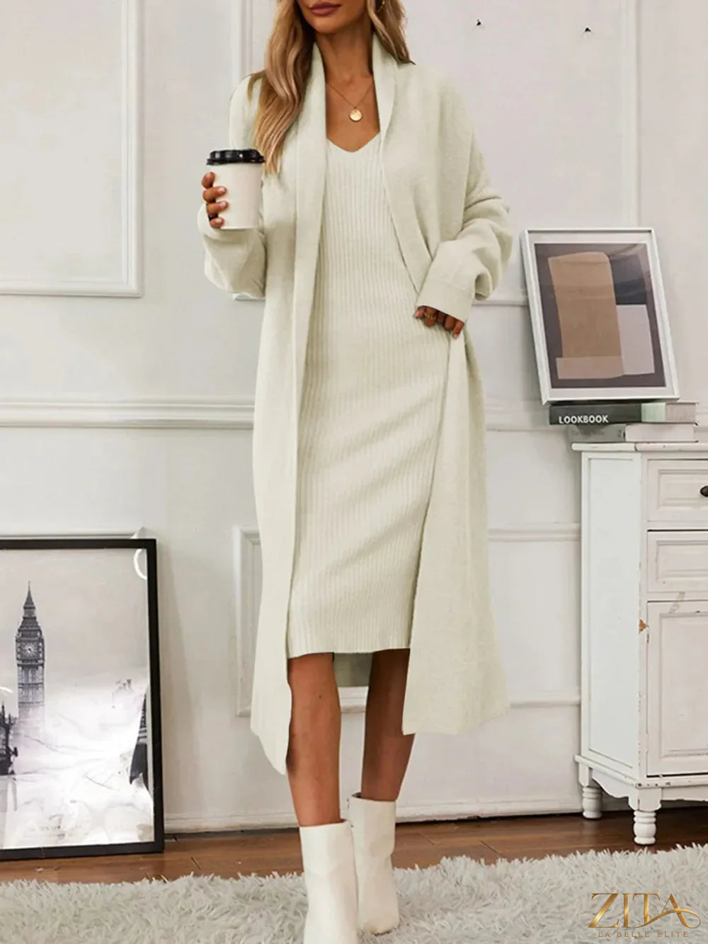 Zita La Belle Elite V-neck cami dress with open front cardigan sweater set, featuring a stylish V-neck and layered look.