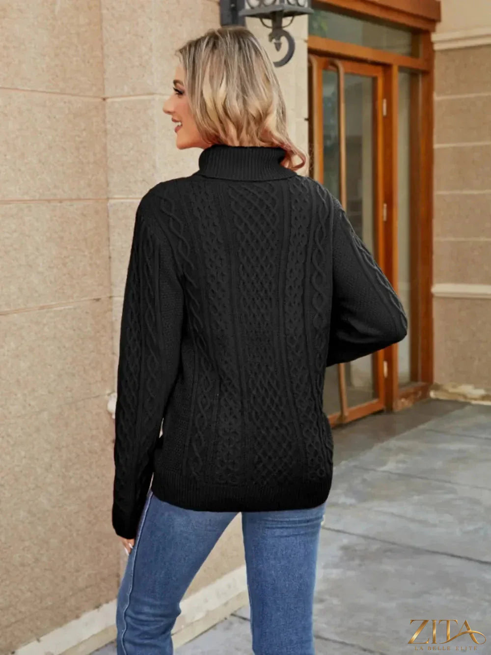 Zita La Belle Elite cable-knit mock neck sweater in cozy knit fabric, featuring a classic design and ribbed collar.