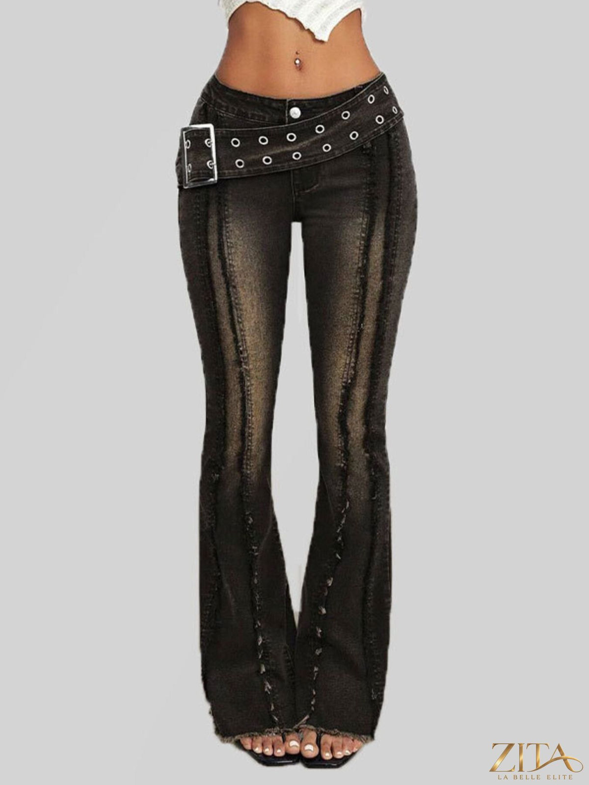 Zita La Belle Elite belted high waist flare jeans displayed on a model, showcasing the stylish fit and classic denim design.