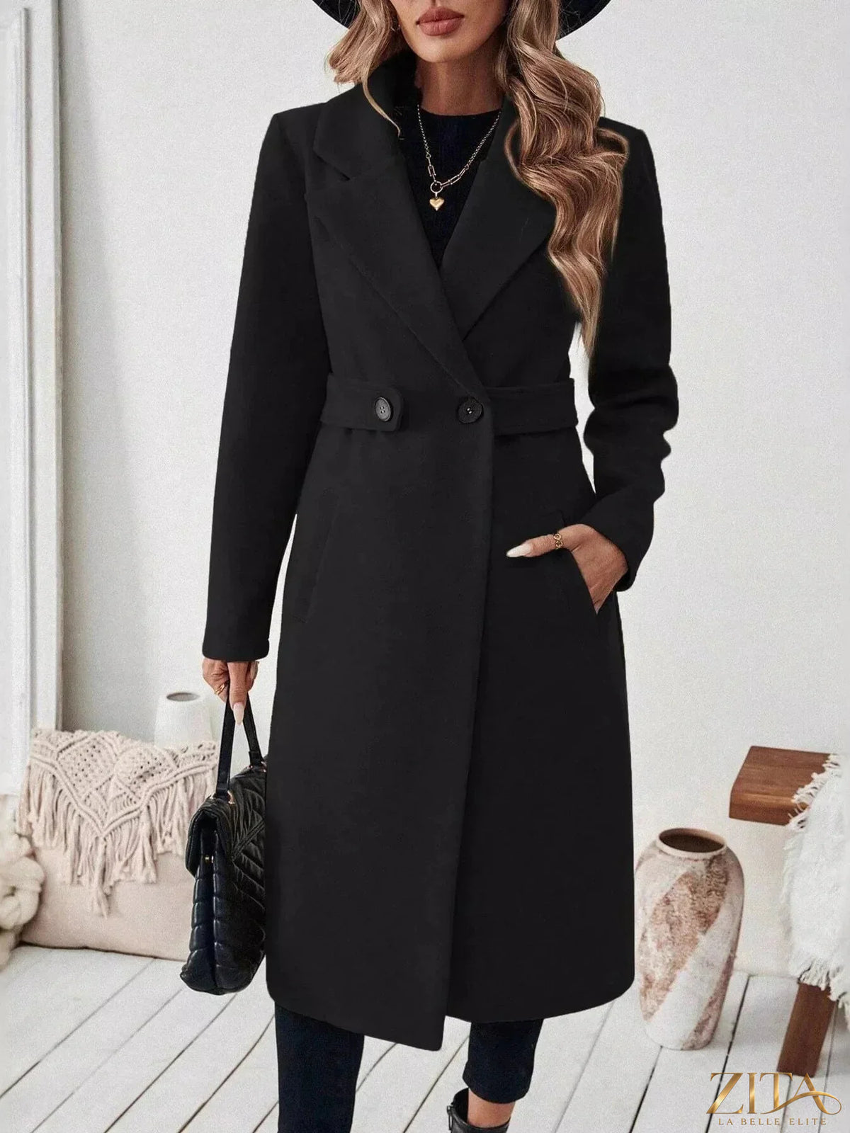 Zita La Belle Elite lapel collar longline coat in neutral fabric, featuring a tailored fit and stylish design for modern outerwear.