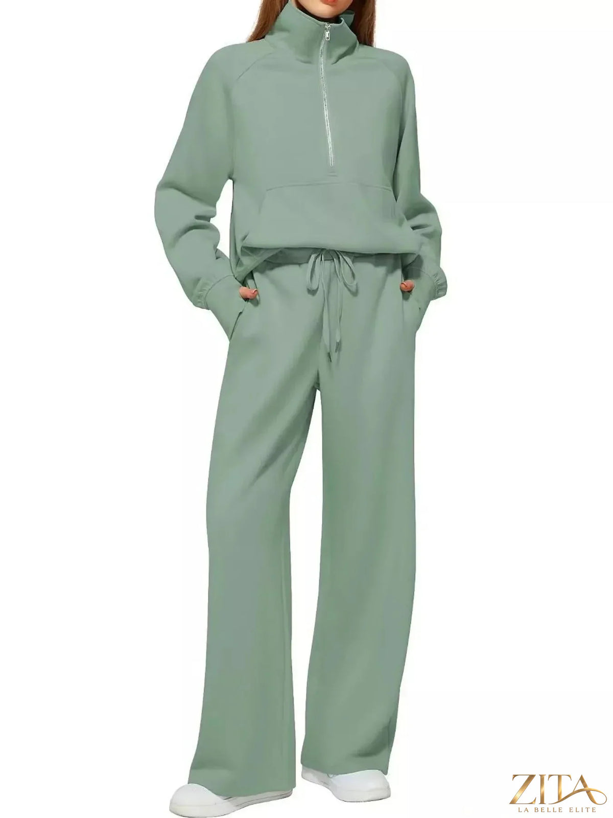 Zita La Belle Elite half-zip sweatshirt and wide-leg pants set, featuring a cozy sweatshirt with a zipper and relaxed-fit pants.