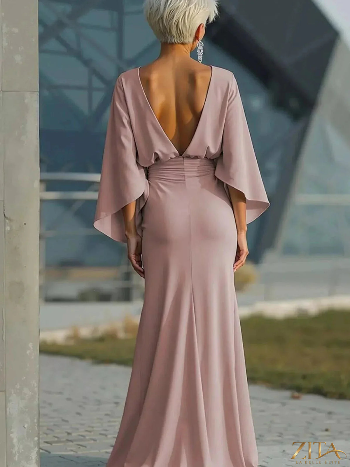 Zita La Belle Elite batwing sleeve ruched maxi dress in flowing fabric, featuring a fitted bodice and elegant design.