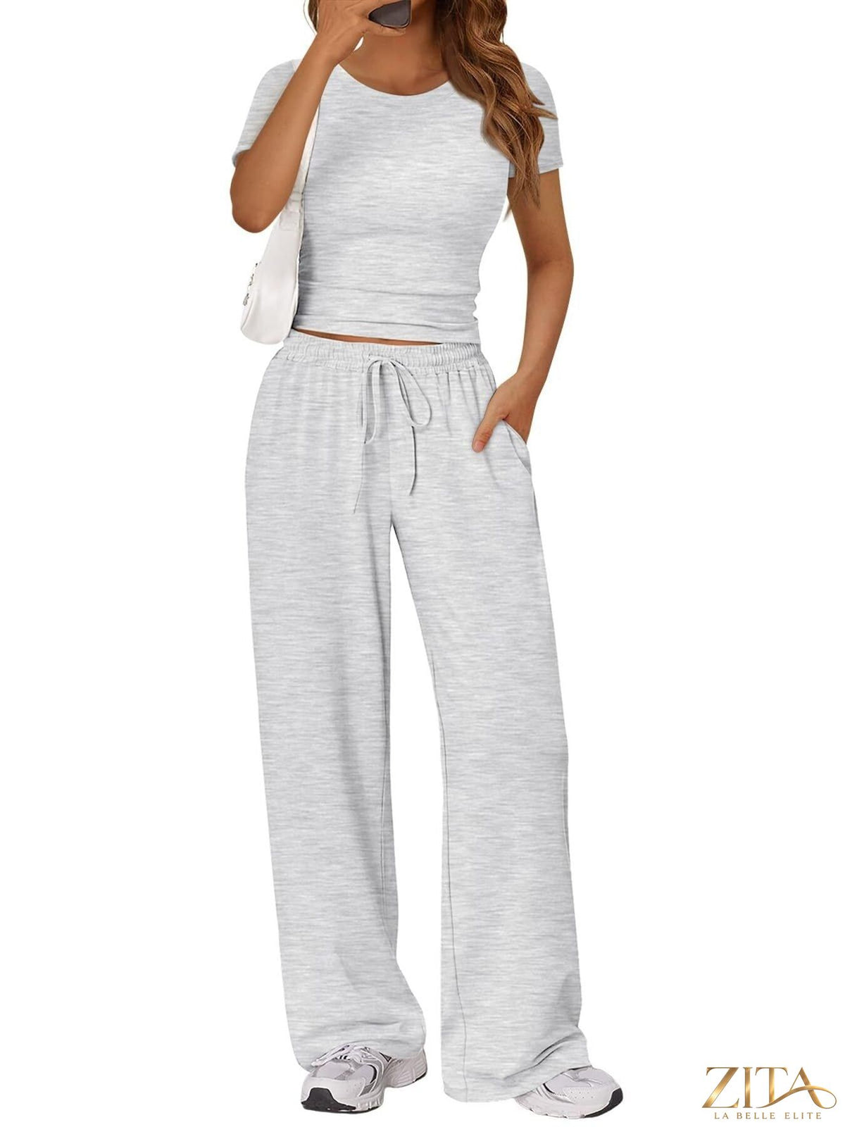 Trendsi round neck short sleeve tee and matching pants set in soft fabric, casual and comfortable outfit for everyday wear.